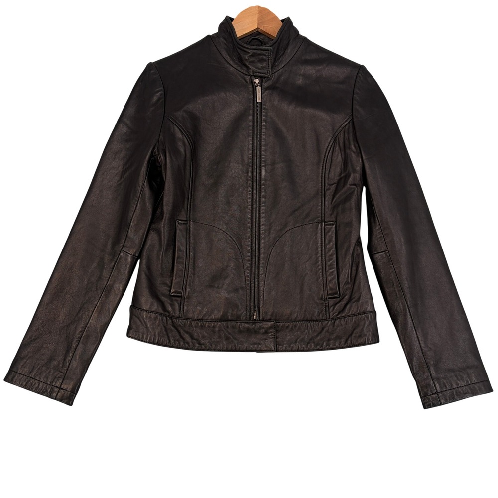Calvin Klein Womens XS Black Leather Moto Jacket Full Zip RN 65030 Minimalist